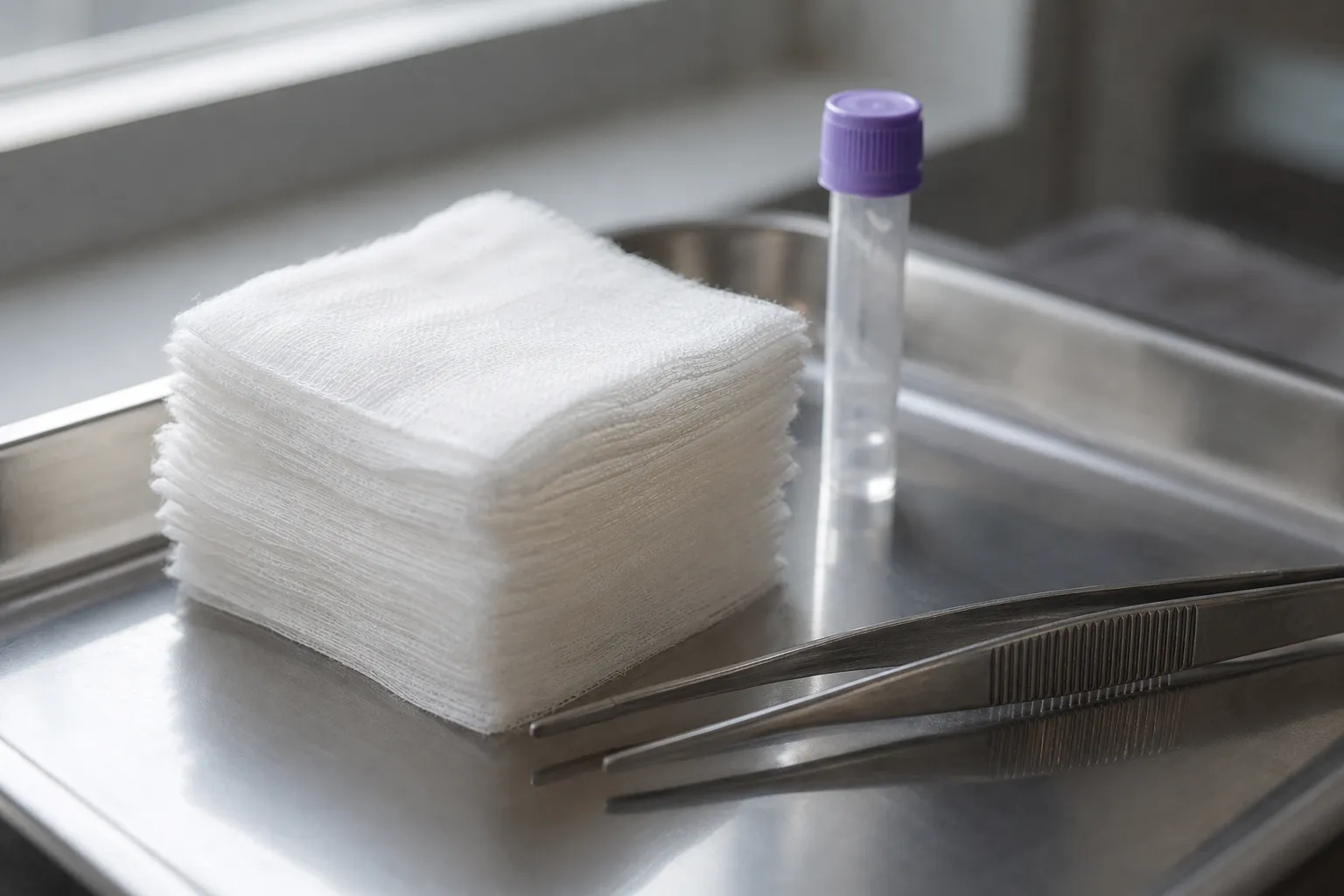 Pile de compresses stériles blanches, tube sans étiquette et pince en inox sur un plateau