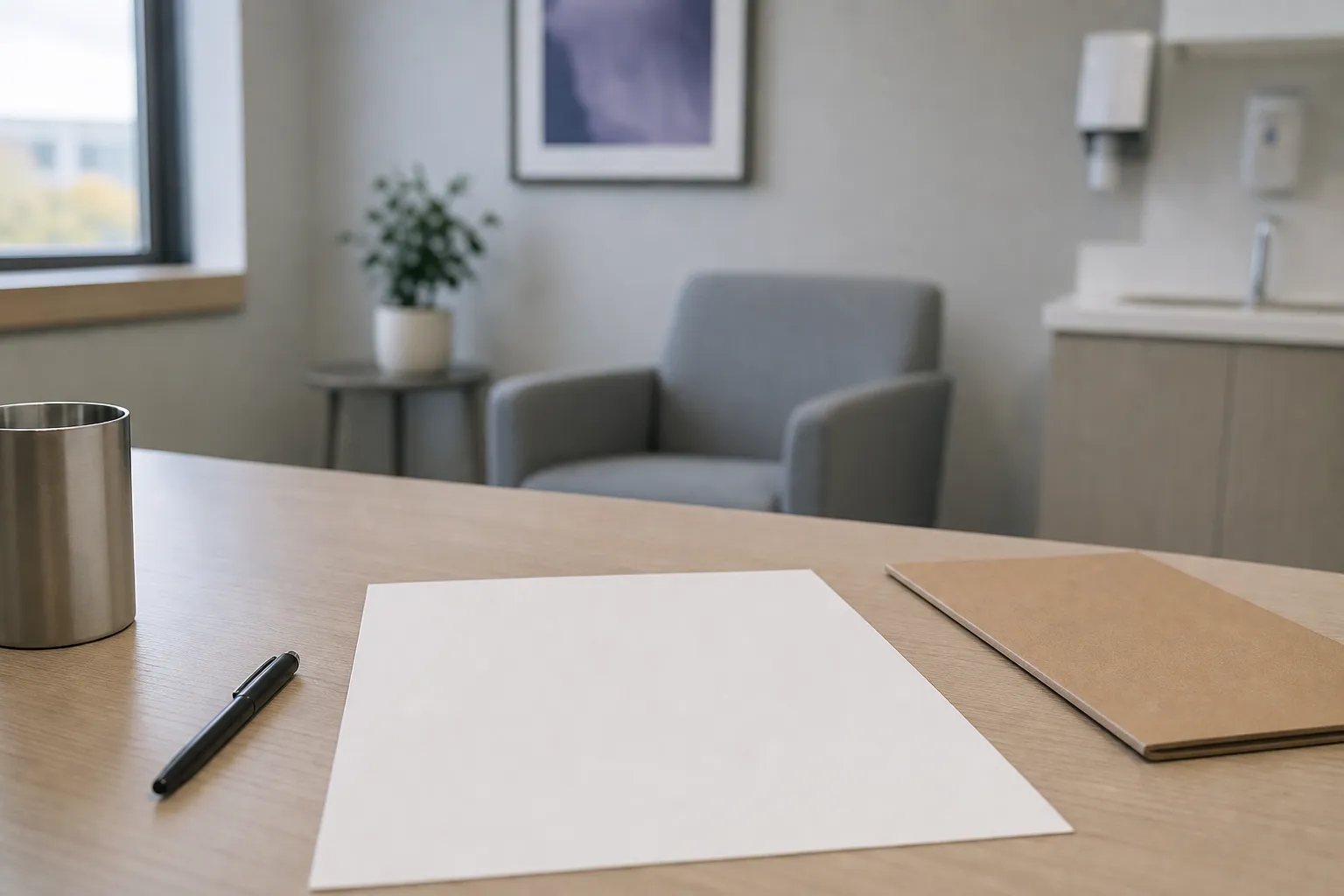 Feuille de papier vierge, stylo noir et chemise cartonnée fermée sur un bureau clair