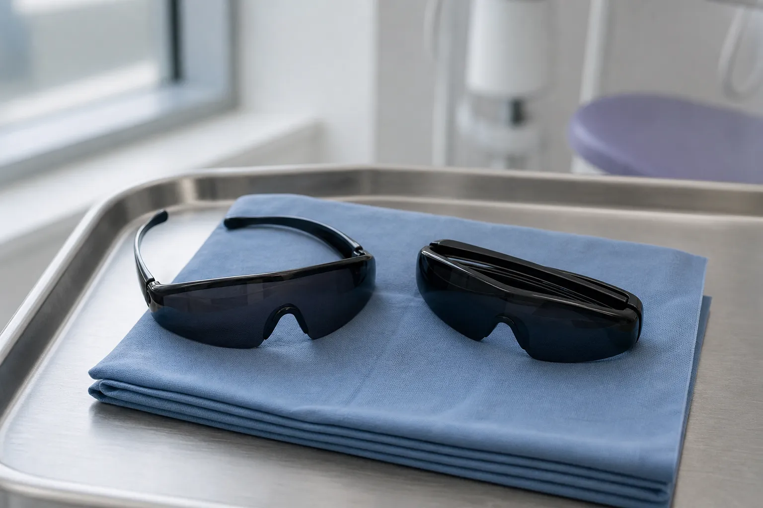 Deux paires de lunettes de protection laser posées sur un champ stérile bleu