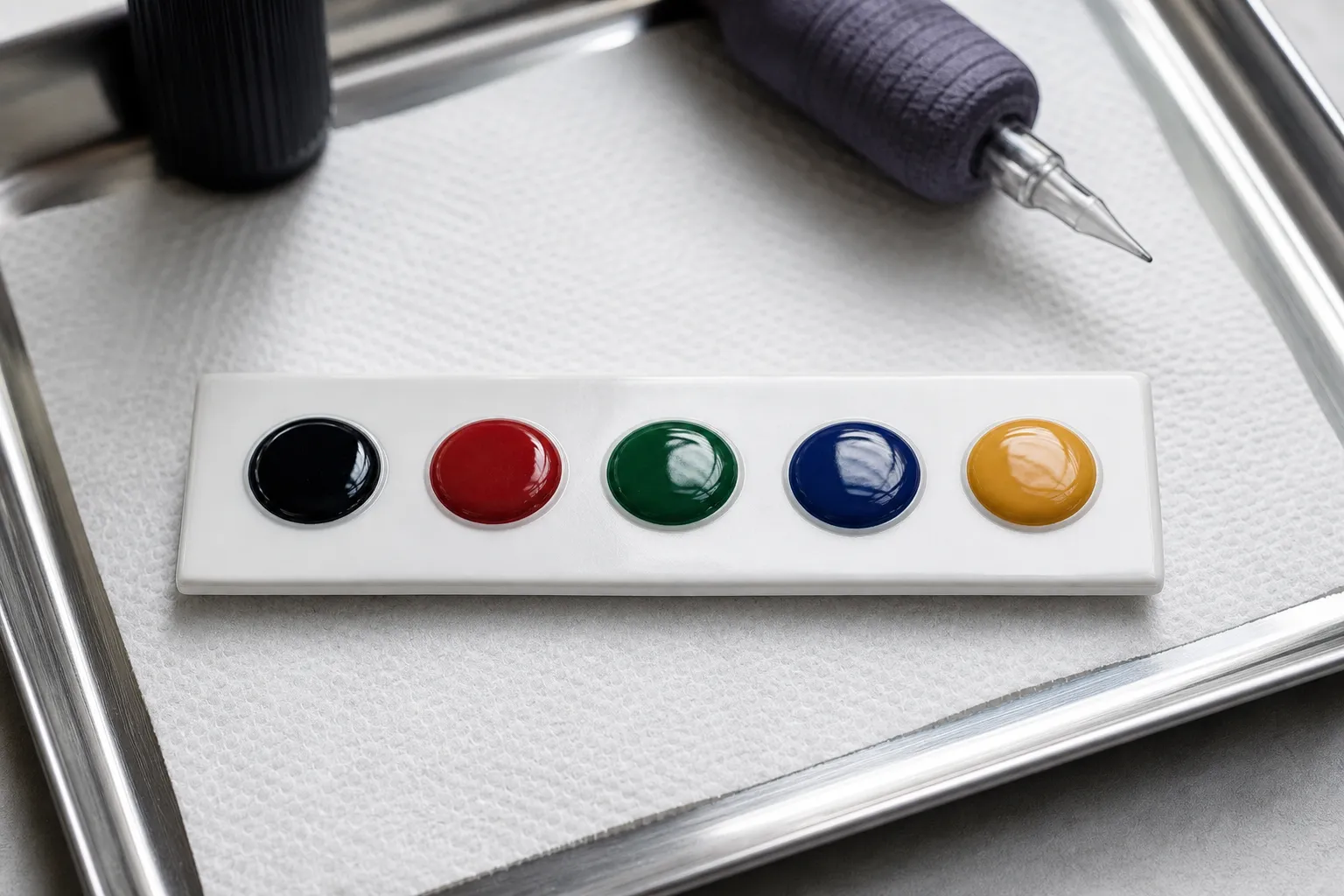 Cinq gouttes d’encre alignées sur une palette blanche : noir, rouge, vert, bleu, ocre