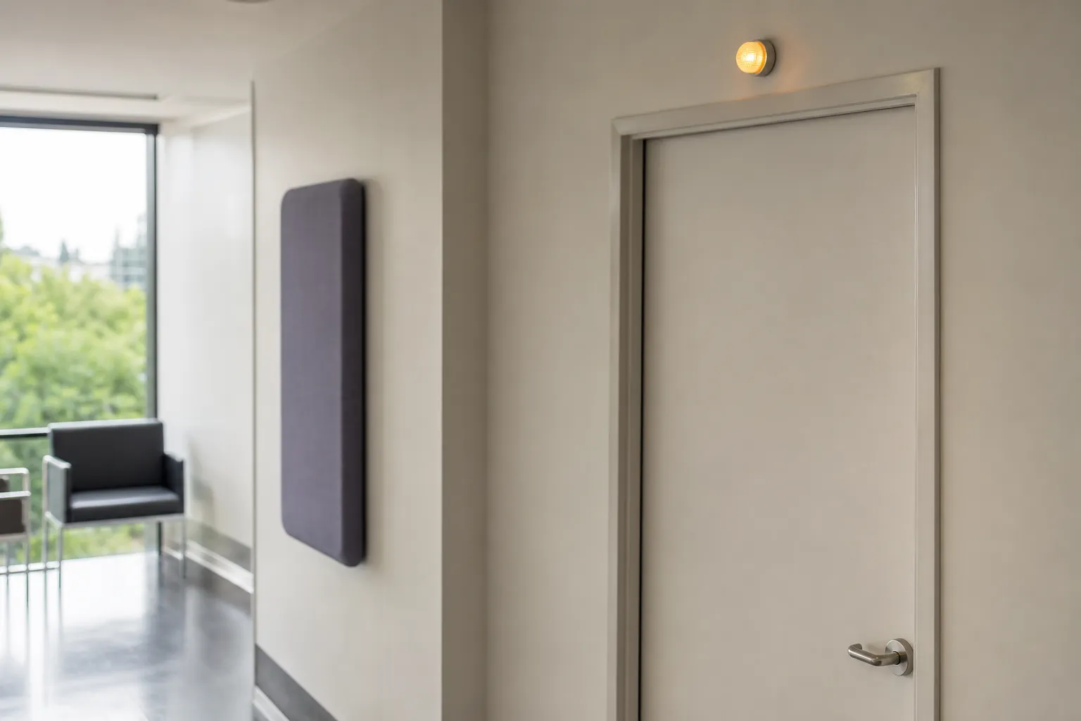 Porte de salle de soin fermée dans un couloir clair, petit voyant ambre allumé au dessus du cadre