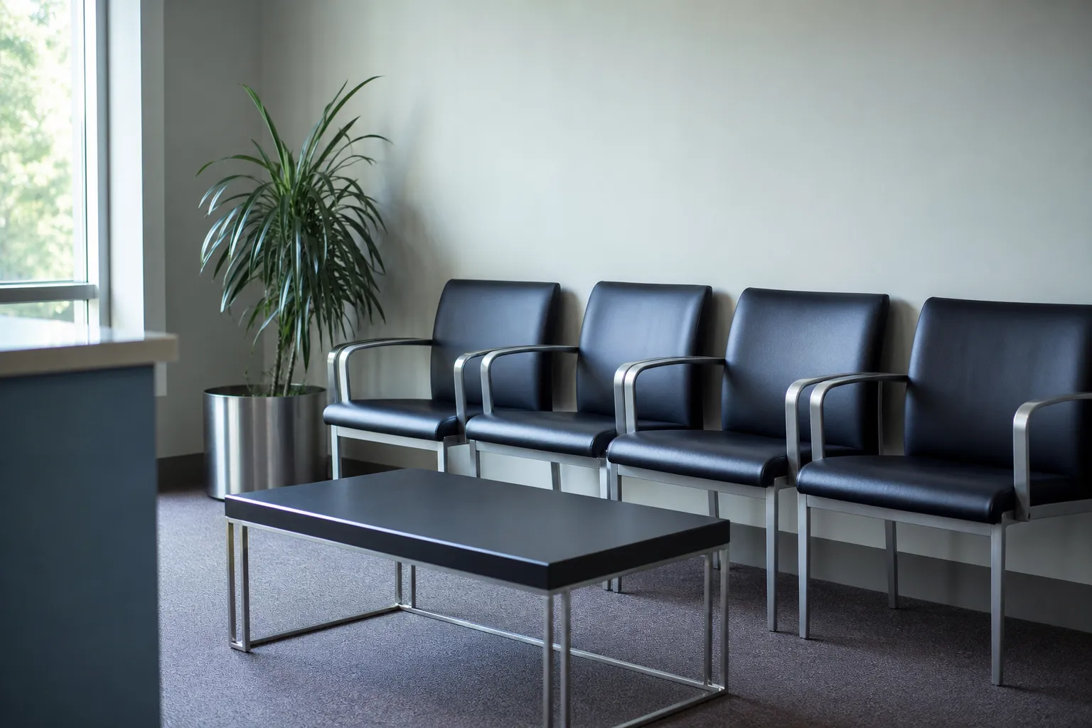 Petite salle d’attente vide : quatre chaises simples le long d’un mur clair, table basse nue, plante